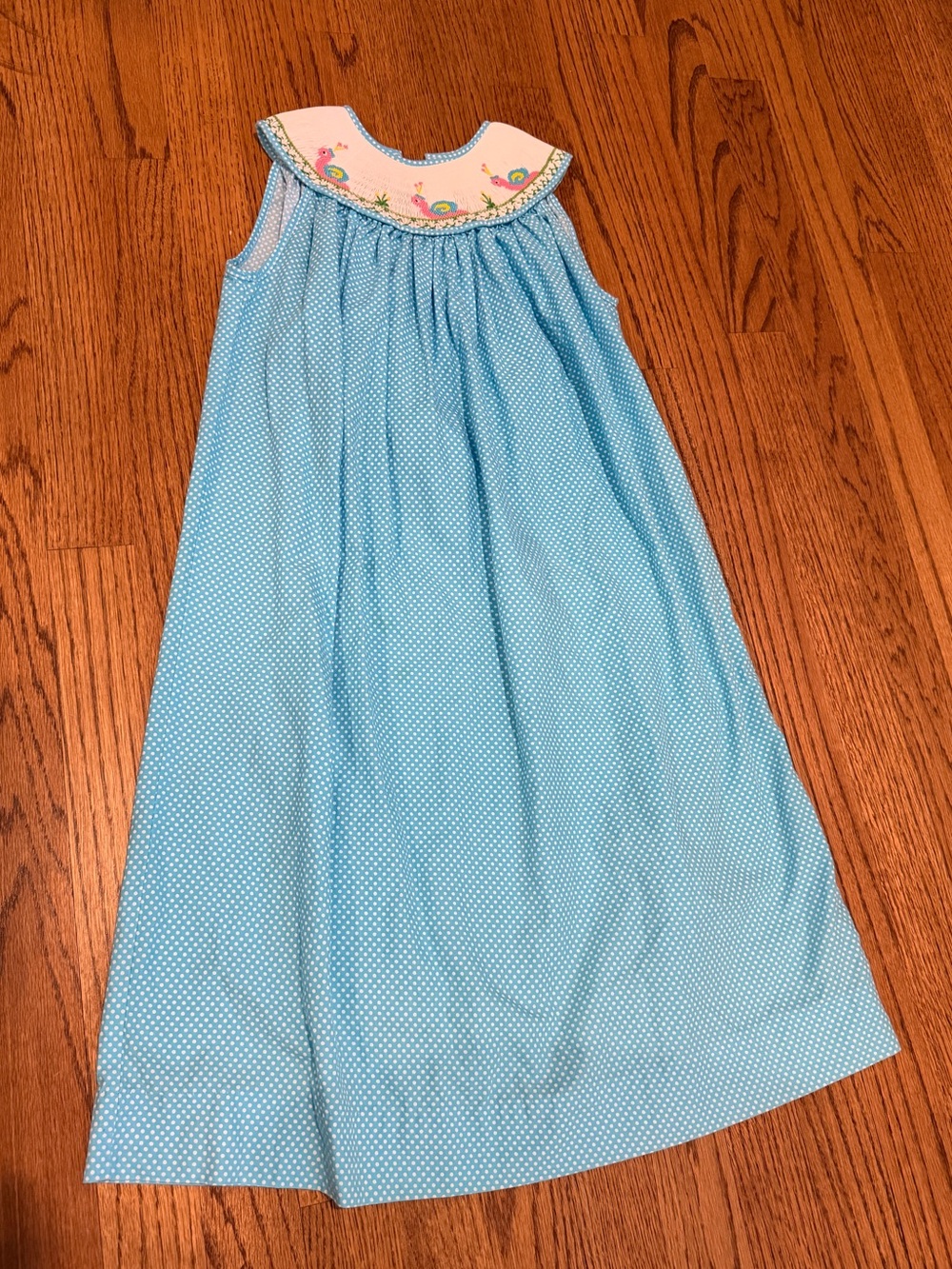 Light Blue Polka Dot Girls' Sleeveless Dress with Pink Embroidered Yoke